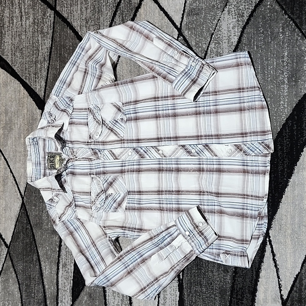 BKE PLAID ACID-WASH PEARL SNAP-BUTTON LONG-SLEEVED SHIRT SLIM-FIT MEDIUM